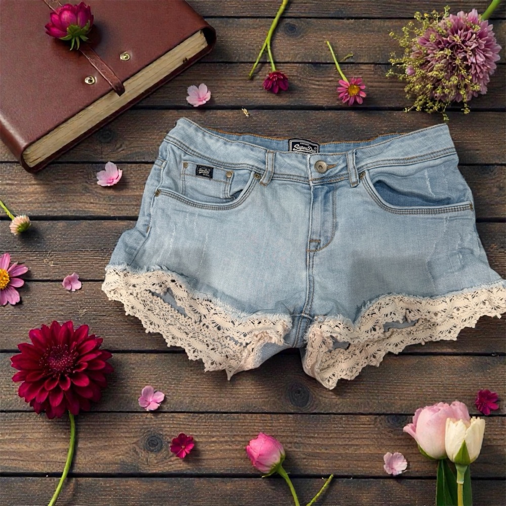 Superdry Light Blue Jean Shorts with Cream Lace